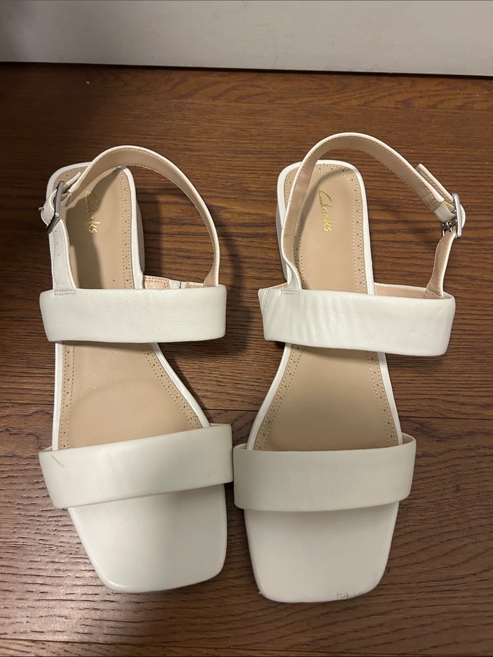 Clarks Women’s Cream Leather Two-Strap Slingback Sandals